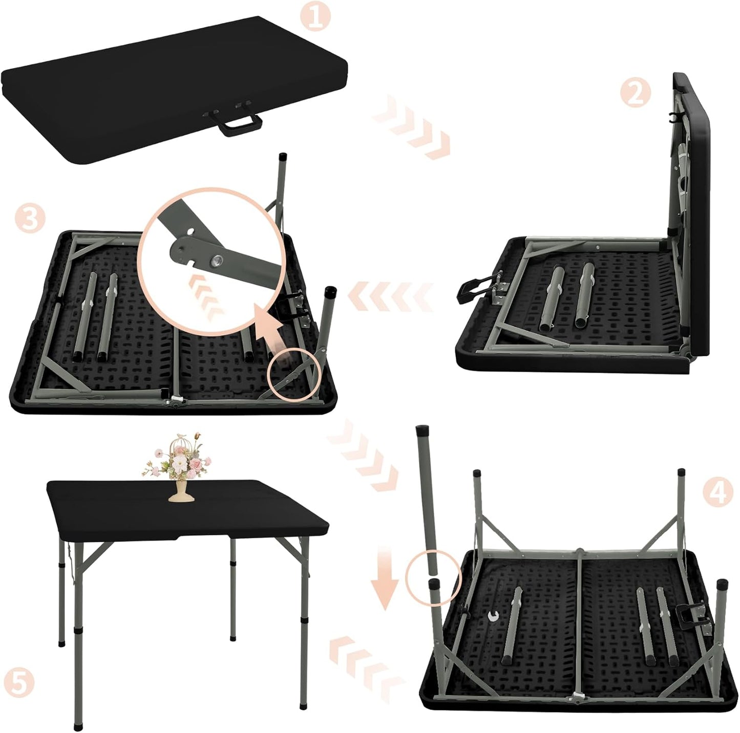 34" Square Folding Table,Multi-Functional Portable Folding Card Table with Carrying Handle for Indoor Outdoor Camping,Picnic, Office, Party Use, HDPE Plastic Tabletop with Metal Frame(Black)