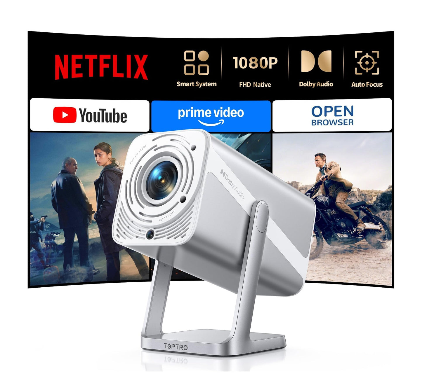 [4K Support/Auto Focus/360°Adjustable Stand]Smart-Projector-4K with WiFi 6 and Bluetooth5.2, Native 1080P Mini Portable Projector, Dolby Audio, TOPTRO Outdoor Movie Proyector Compatible with Netflix