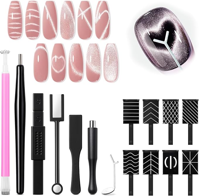modelones Cat Eye Magnetic for Nails,15PCS Cat Eye Gel Nail Polish Magnet Tools Powerful Set Wand Magnet Winter Nail Polish Square Round Magnet Stick Diverse Glassy Cateye Effect