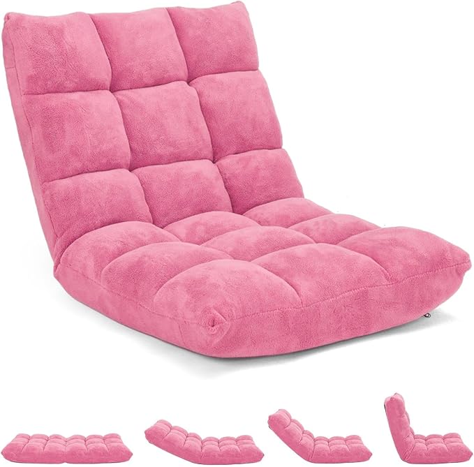 Folding Floor Chair w/Back Support, 14-Position Adjustable Lazy Sofa Chair w/Coral Velvet Fabric & Alloy Steel Frame, Portable Meditation Chair for Reading, Gaming,Sleeping (Pink)