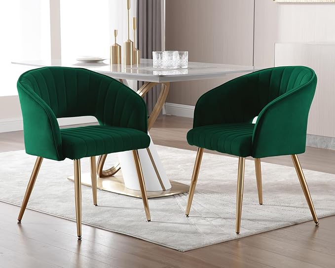 KCC Modern Accent Dining Chairs Set of 4, Upholstered Velvet Dining Room Chairs with Hollow Back, Tufted Kitchen Chairs Side Chairs with Gold Metal Legs for Living Room Restaurant, Green