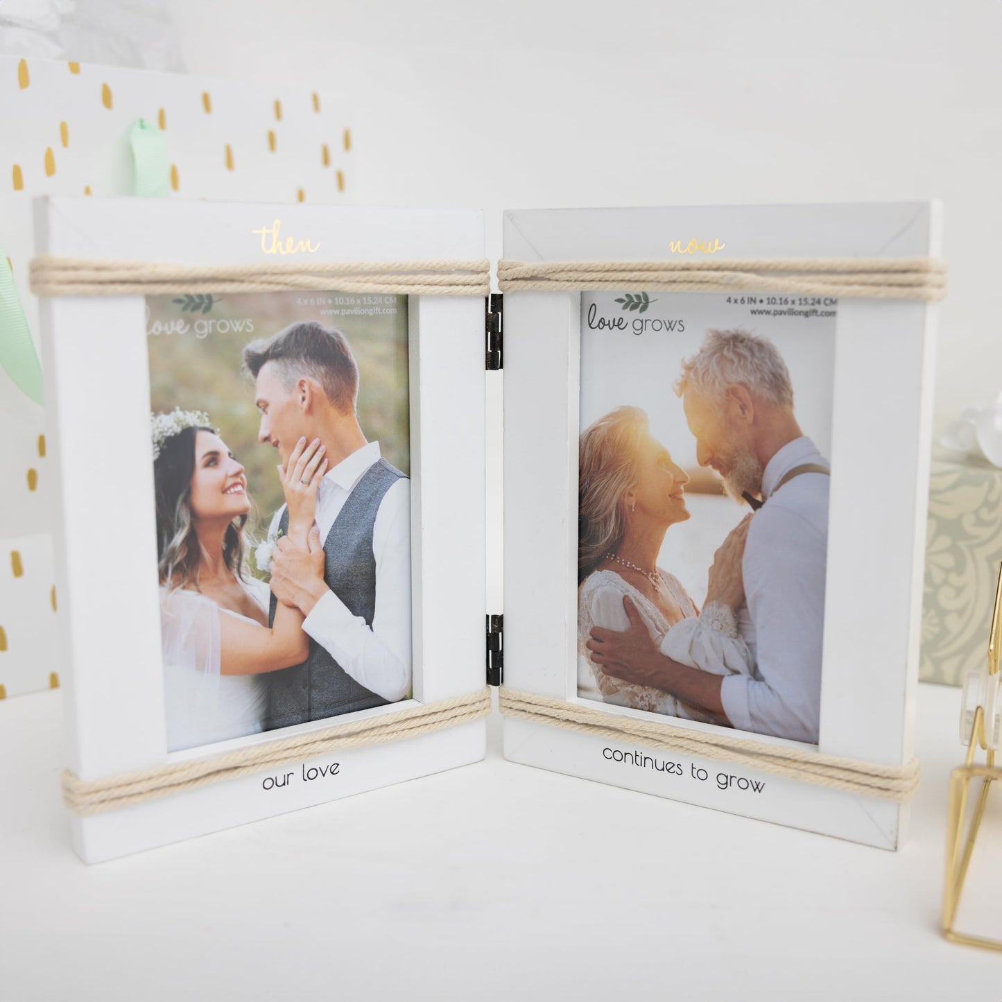 Pavilion Gift Company - Then & Now Our Love Continues To Grow - Double 4" x 6" Vertical Hinged Picture Frame Newly Engaged Fiancé Fiancée Couple Party Gift Wedding Anniversary Wife Husband Milestone