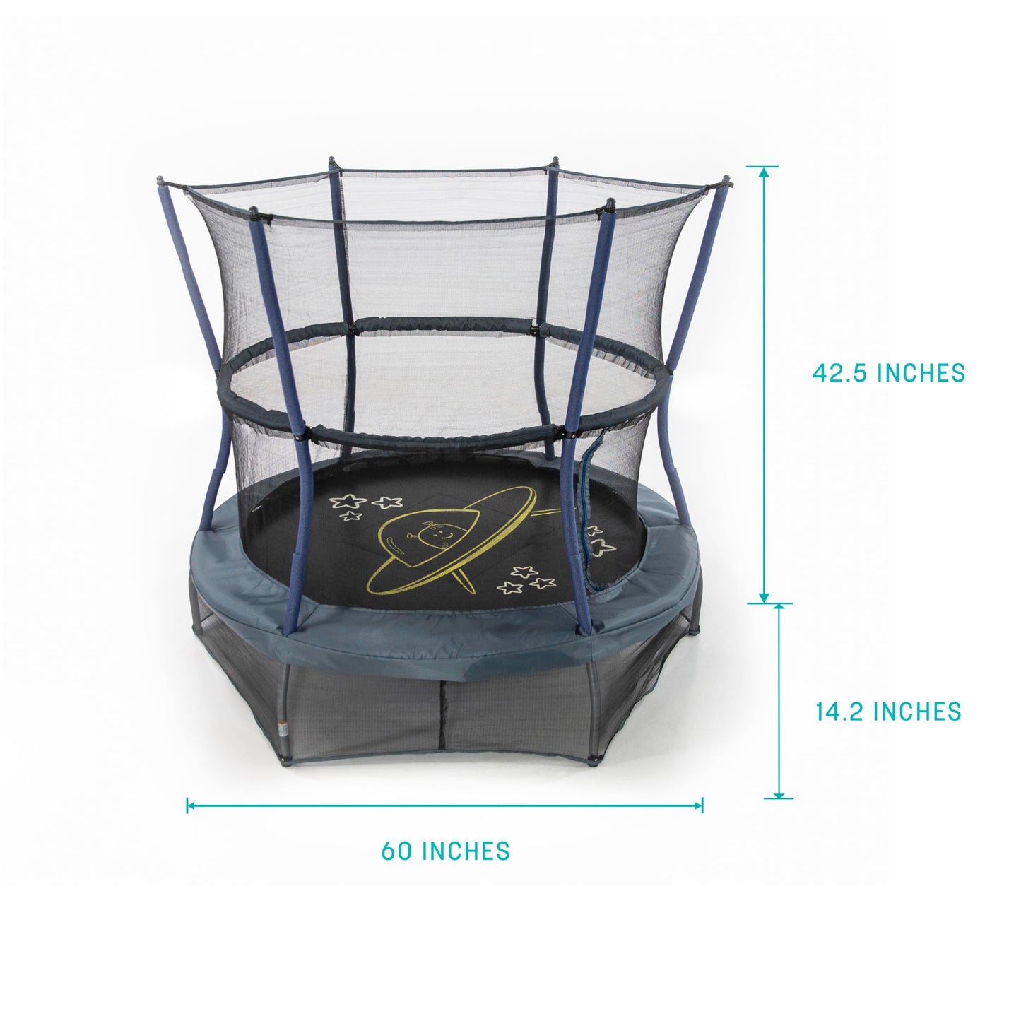 SKYWALKER TRAMPOLINES 60" Round, Indoor Outdoor Mini Trampoline for Kids Toddler Bouncer with Enclosure Net, Padded Frame, Cover and Handlebar, No-Gap Safe Design, Space Adventure