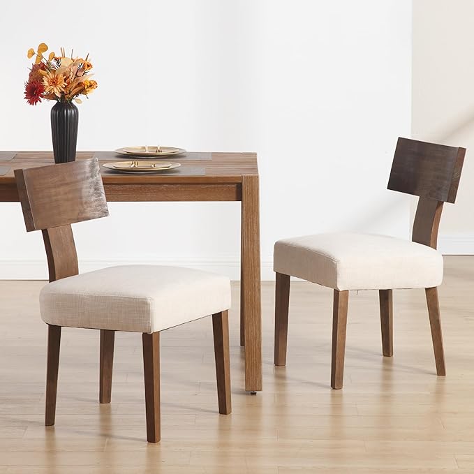 DM Furniture Farmhouse Kitchen Dining Room Chairs Set of 2, Linen Fabric Upholstered Dining Chairs with Wooden Legs, Comfy Armless Side Chairs for Dining Room/Restaurant, Beige-Dark Brown Legs