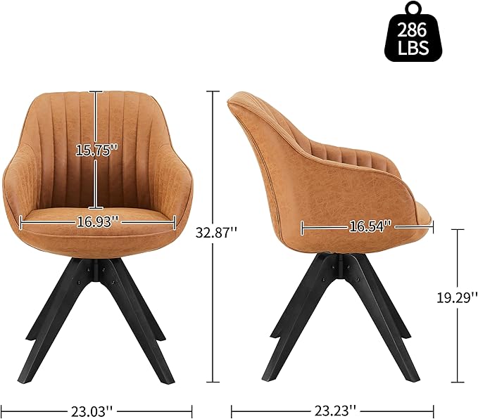 Art Leon Dining Chair, Mid Century Modern Faux Leather Upholstered Swivel Dining Room Chair with Wood Legs, Leisure Side Chair with Arms for Living Room, Brown