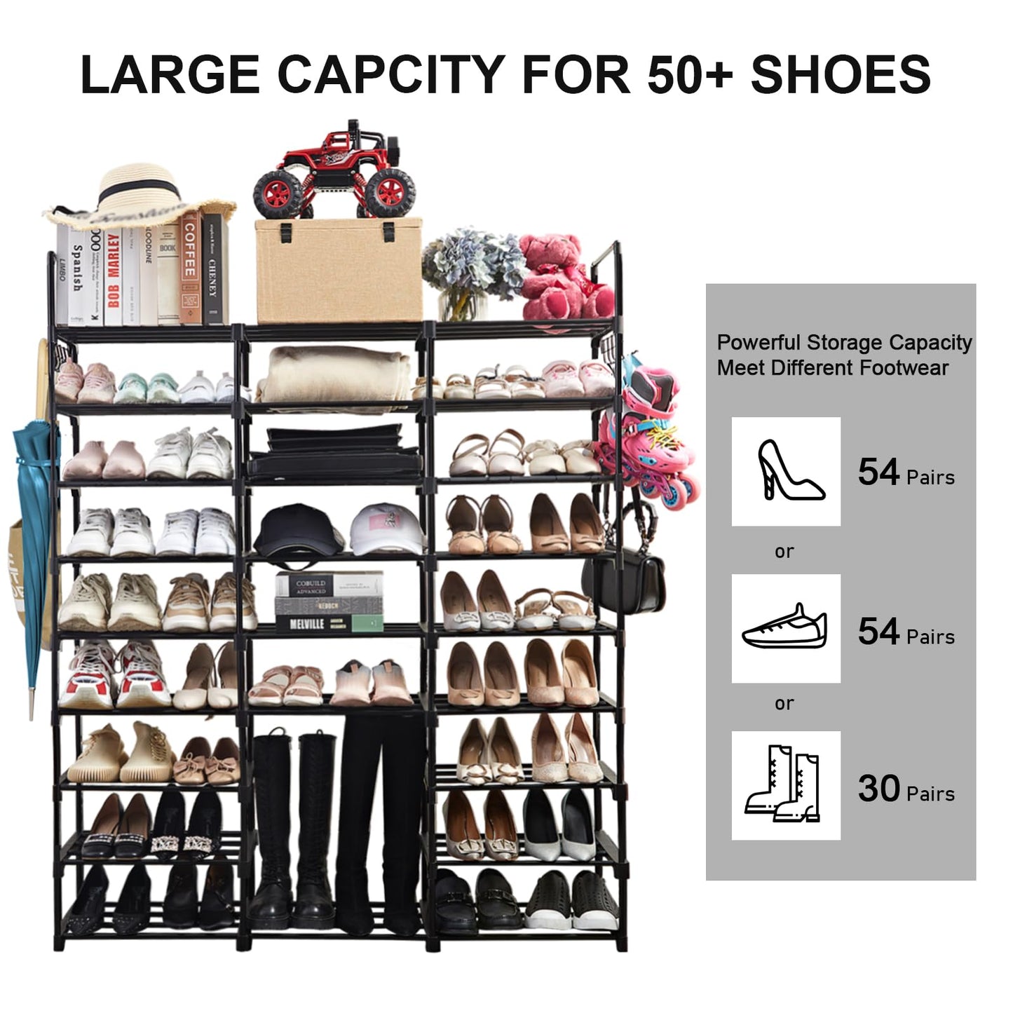Mavivegue 9-Tier Metal Shoe Rack - Holds 50-55 Pairs, Tall Storage Shelf for Shoes, Boots, Entryway, Closet, Garage