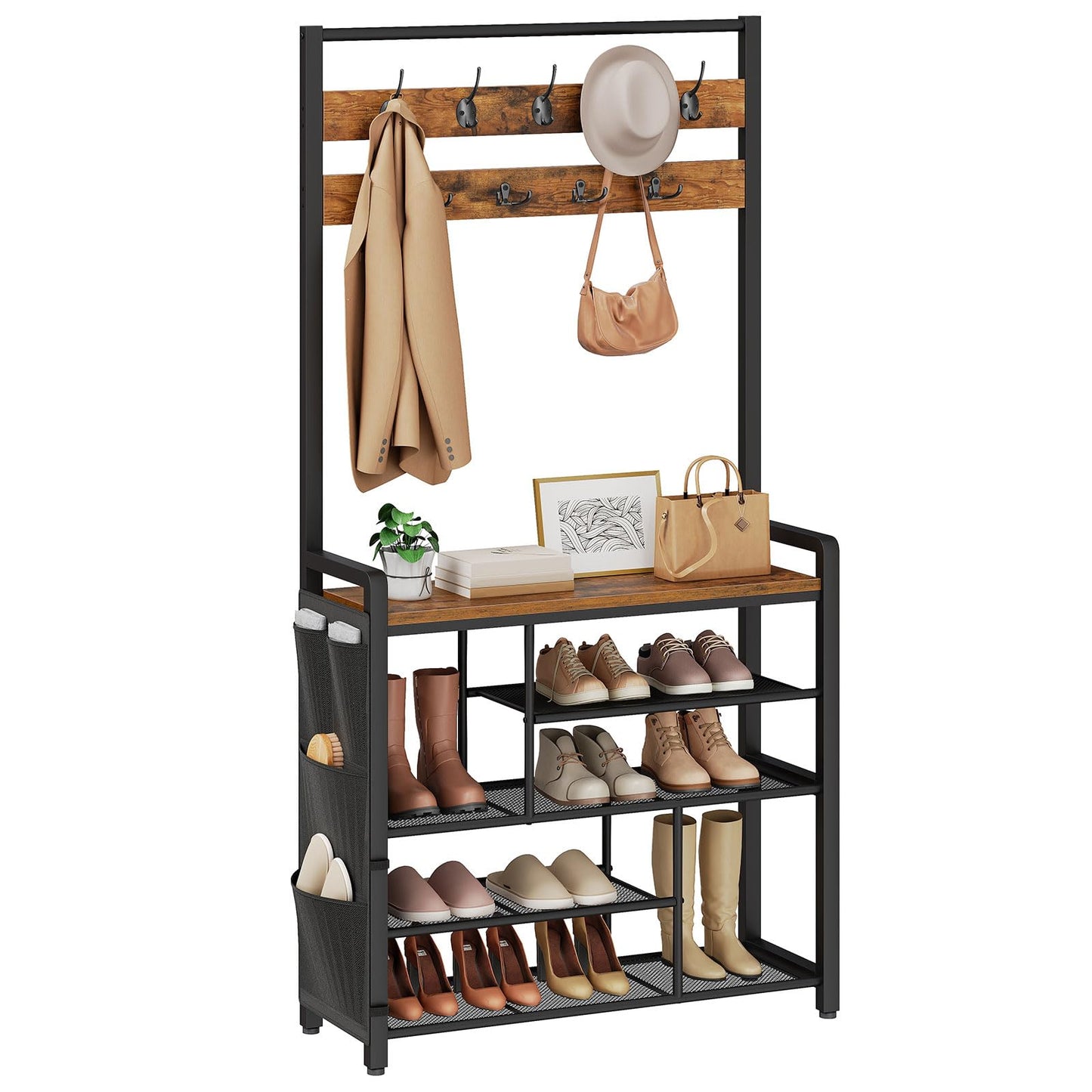 HOOBRO Hall Tree with Bench, Shoe Rack with Coat Rack, Coat Rack with Shoe Storage, 5 Tier Shoe Storage Organizer with Oxford Fabric Side Pockets, Coat and Shoe Rack Entryway, Rustic Brown BF45MT01