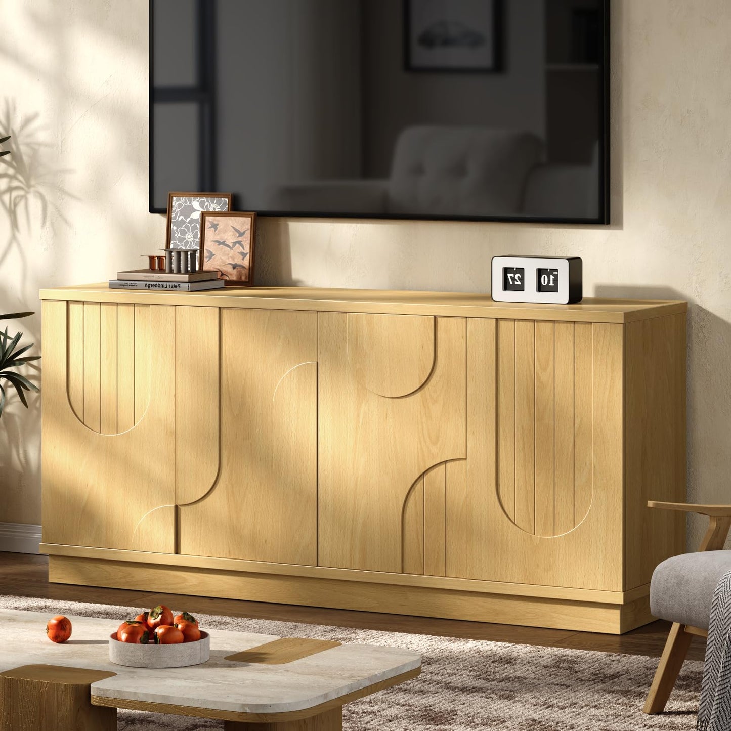 ONBRILL Modern 59" Sideboard Buffet Cabinet with Storage, Arched Finish Kitchen Storage Cabinet,Coffee Bar Console Table with 4 Doors and Adjustable Shelves for Living Room, Hallway, Natural