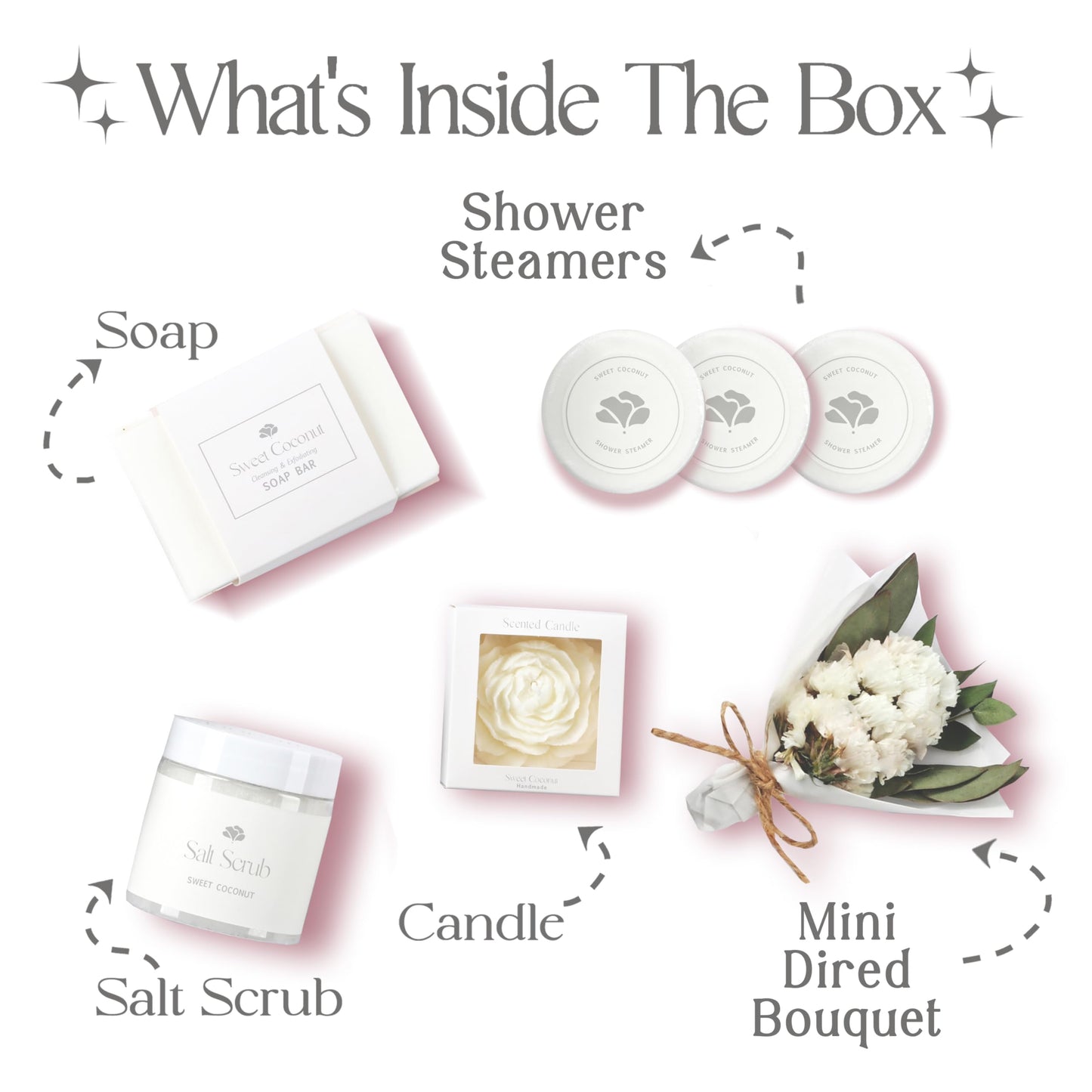 Sweet Coconut Spa Gift Set for Women – Relaxation Gift Basket with Candle, Soap, Salt Scrub & Shower Steamers – Birthday, Thank You, Bridal Shower & Self Care for Mom, Wife, Sister, Friend
