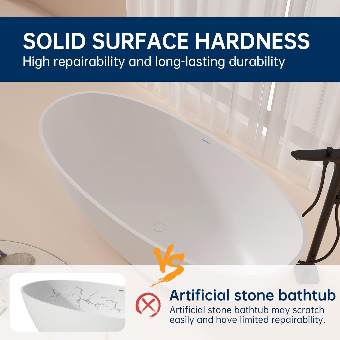 MEDUNJESS 65'' Freestanding Bathtub Resin Stone Soaking Freestanding Tubs Matte Solid Surface Flatbottom Tub with Overflow and Pop-up Drain - White…
