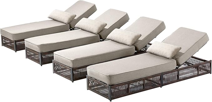 ACTREST Luxury Outdoor Chaise Lounges with 5 Inch Thickened Cushions - Set of 4 High Back Brown Wicker Patio Recliners Rattan Reclining Chairs Porch Poolside Pool Sunbathing Lounger- Beige