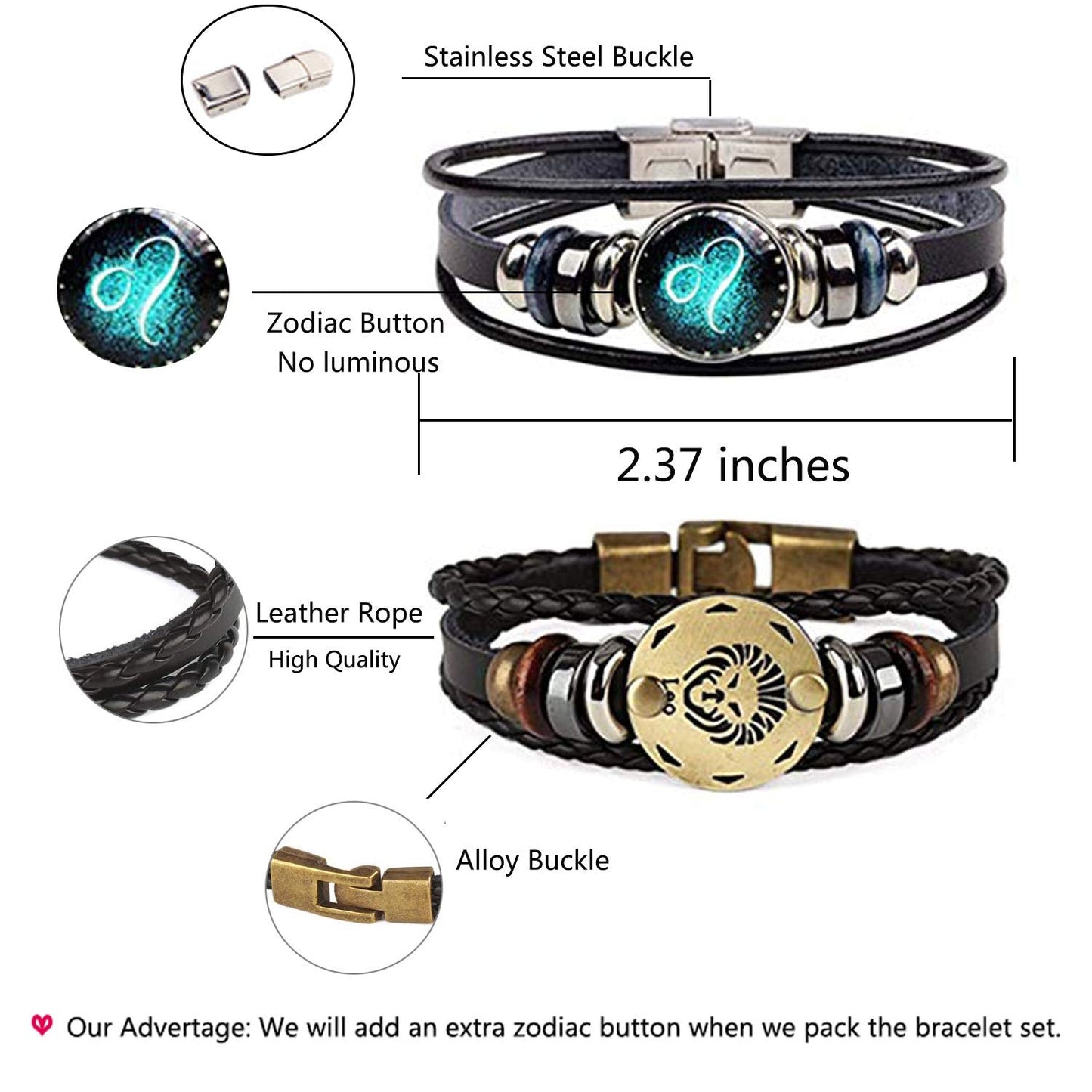 Dcfywl731 2Pcs Gemini Zodiac Bracelets for Women 12 Constellations Multilayer Leather Bracelet Handmade Woven Zodiac Sign Wrap W