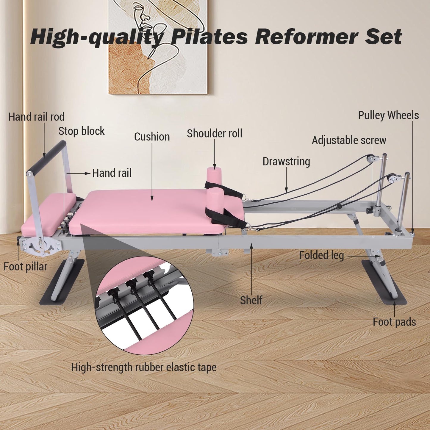 Pilates Reformer Machine Equipment Pink ,Foldable Home Reformer Pilates with Resistance Cords for Workout,Paeta Pilates Reformer