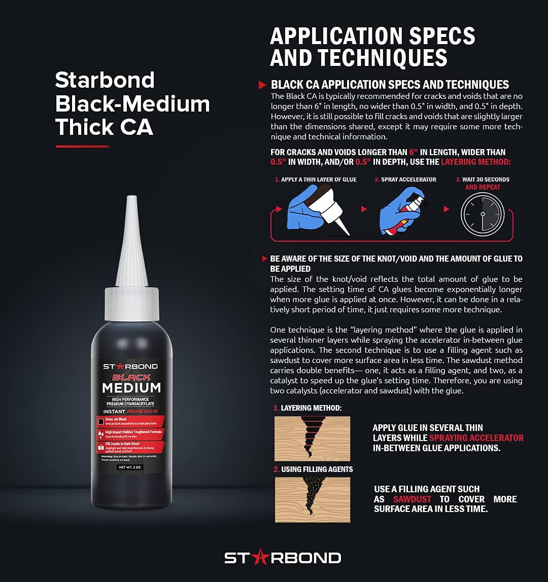 STARBOND Black Medium-Thick CA Glue Pro Kit (2 oz) – Rubber-Toughened, Impact-Resistant Cyanoacrylate Super Glue – for Durable Knot Filling, Crack Repair, Woodworking, Guitar, Hobby & RC Projects