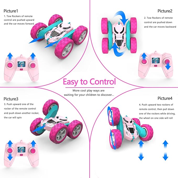 Pink Remote Control Car for Girls, 360° Flipping Stunt Car with LED Headlights, Rechargeable 4WD Electric Toy Vehicle, Princess Gift for 6 7 8 9 10 11 Year Old Girls, Birthday & Christmas Toy