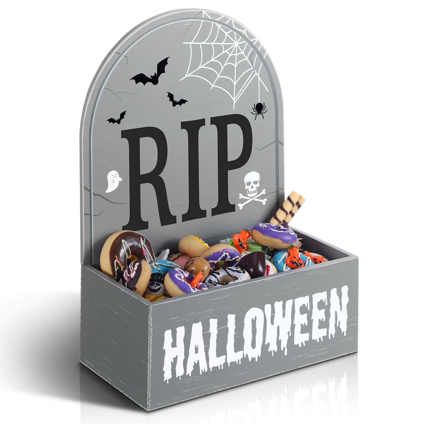 Sintuff Halloween Candy Bowl Wooden Funny Candy Dish Trick or Treat Large Halloween Serving Dish Holders Wood Serving Bowl Tableware for Table Desk Haunted House Decoration (Gravestone Rip)