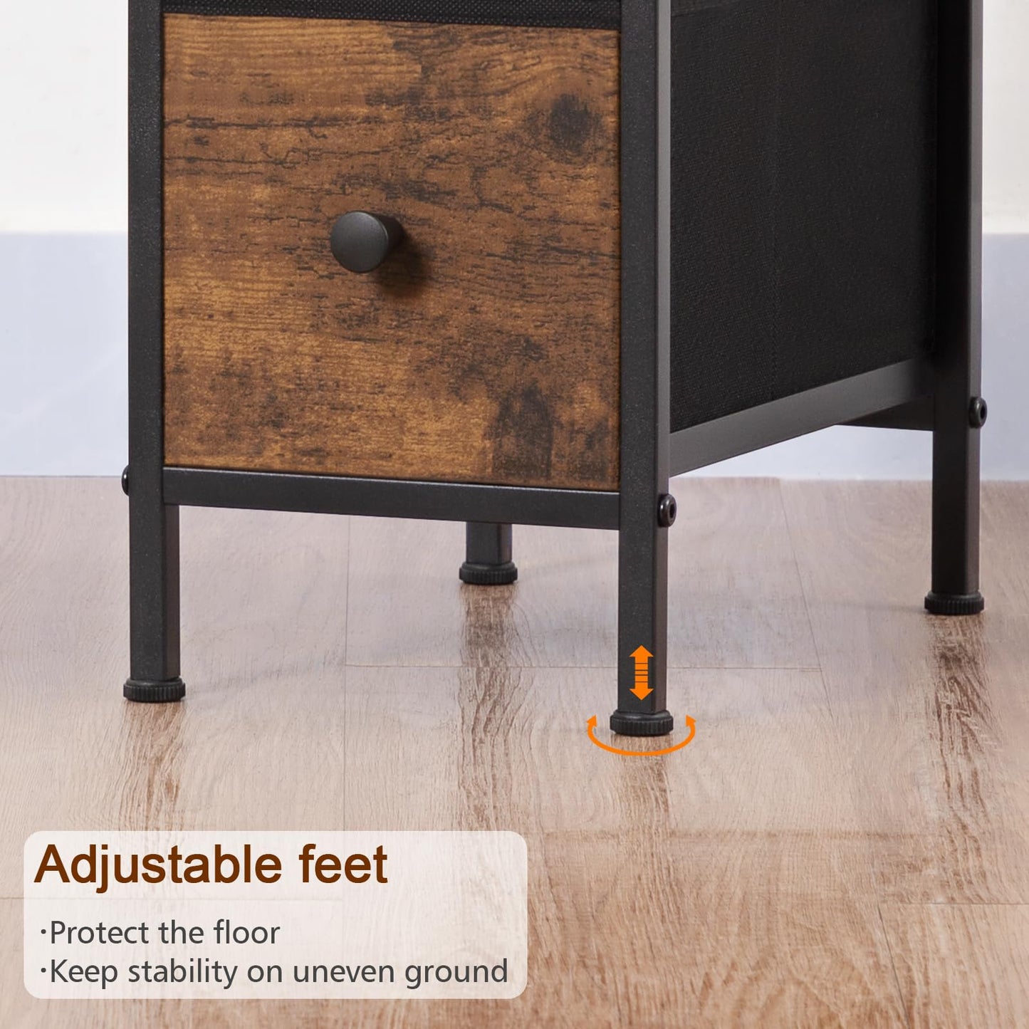 LOAKEKEL Narrow End Tables Living Room Set of 2 with Charging Station, Skinny Side Table with Fabric Drawers, Slim Nightstand for Bedroom, Small Spaces, Couch, Brown, HETNDP02BR