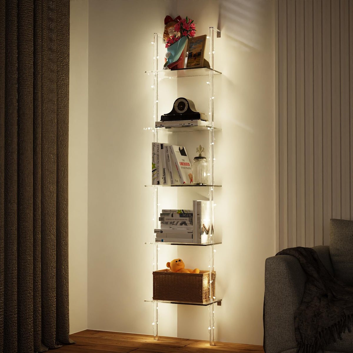 Nynelly 5-Tier Acrylic Ladder Bookshelf, Wall Mounted Narrow Display Shelf for Small Spaces, Clear Organizer Bookcase for Living Room, Bathroom, Office, Multipurpose Open Shelf Unit