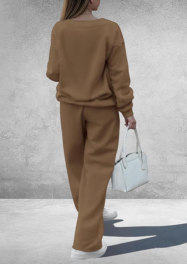 PRETTYGARDEN Casual Winter Two Piece Sets for Women 2026 V Neck Sweatshirt Loose Wide Leg Pants Tracksuit Knit Fall Outfits