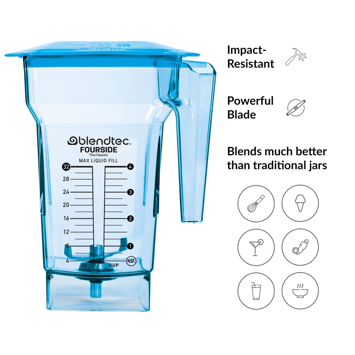 Blendtec 75 oz FourSide Commercial Jar - Four-Sided Replacement Blender Jar - Compatible with Most Blendtec Blenders - 32 oz Blending Capacity - Blue