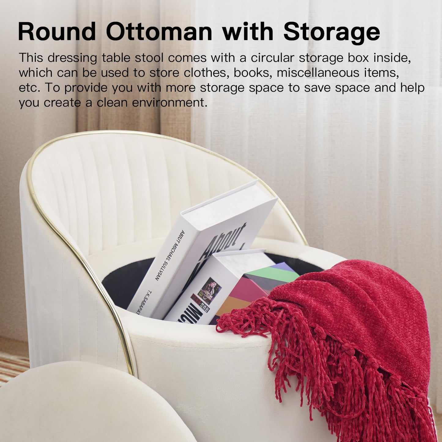 KLASIKA Round Storage Ottoman, Upholstered Velvet Vanity Stool with Lumbar Support, Swivel Rolling Wheels, Small Foot Stools Coffee Table Padded Seat for Makeup Room, Living Room, Bedroom Beige