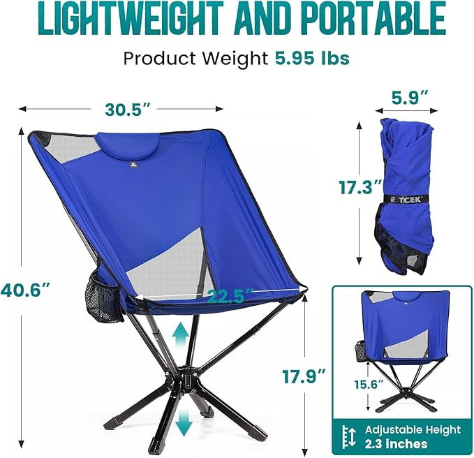 TCEK Portable High Back Camping Chair with Adjustable Height, Small Compact Outdoor Folding Chair for Adults Travel, Riselite Collapsible Lightweight Packable Camp Chairs, Easy Carry and Quick Setup