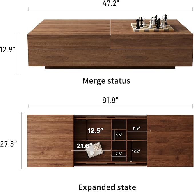Pajiasen Mid-Century Modern Farmhouse 47.2-81.8" Expandable Coffee Table，Adjustable Center Table with Large Storage for Living Room, Walnut
