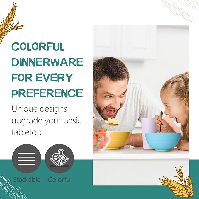 Teivio 32-Piece Kitchen Plastic Wheat Straw Dinnerware Sets, Service for 8, Dinner Plates, Dessert Plate, Cereal Bowls, Cups, Unbreakable Outdoor Camping Dishes Set,Colorful Hues