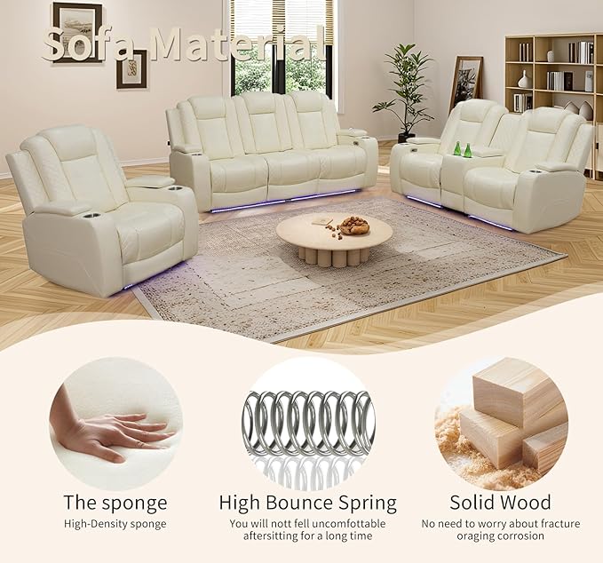 Caberryne Power Recliner Sofa Set with LED Lights,Leather Reclining Couch with Coffee Table/Storage Console/Cup Holder,Reclining Living Room Set with 5 Recliner Seats for House(3 Piece Set,Creamy)
