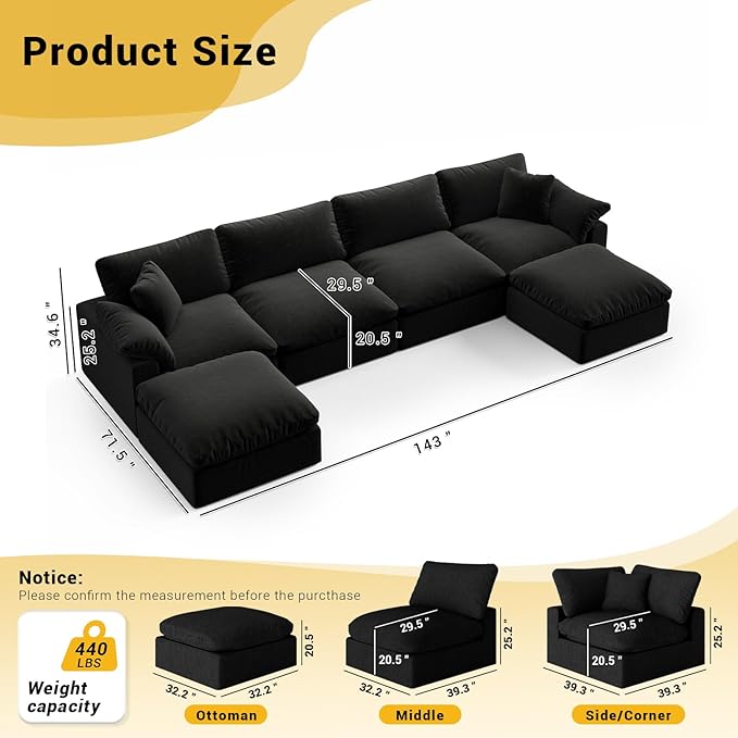 Cloud Modular Couch for Living Room,U Shape Linen Blend Sofas,Modern Deep Seat Cloud Sofas,Convertible Comfort Down Filled Sectional Couches,Removable Washable Cushion Covers,Black