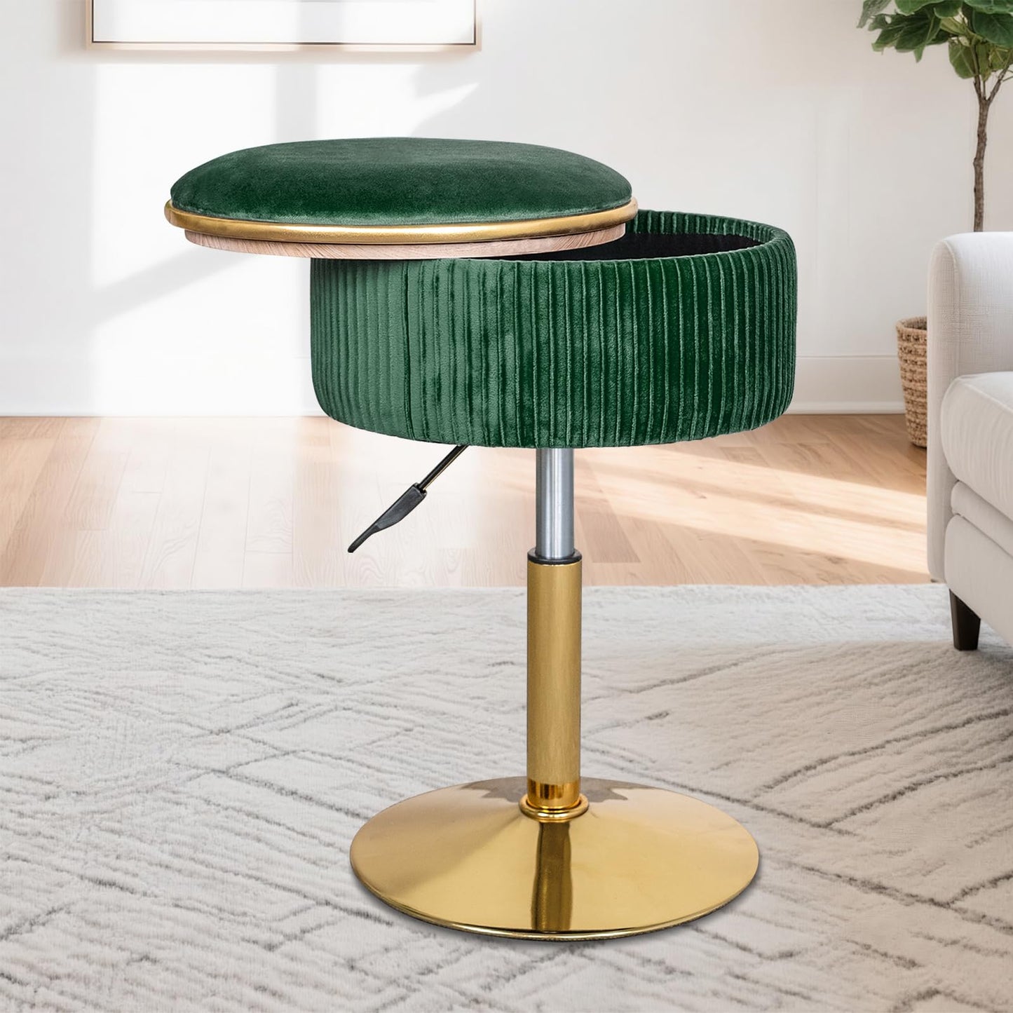 LITZFUR Velvet Vanity Stool for Makeup Room, Round Storage Ottoman Height Adjustable Gold Vanity Chair, 360° Swivel Footrest for Living Room Bedroom, Dark Green