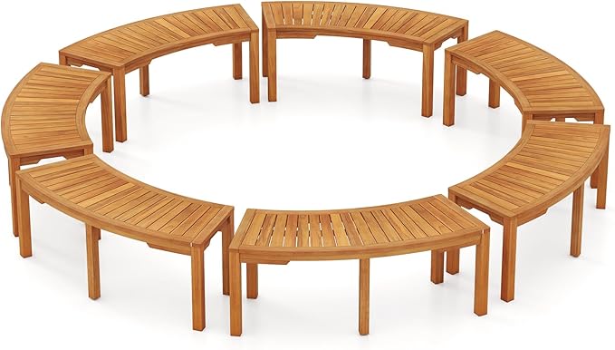 Tangkula Outdoor Curved Bench, Acacia Wood Fire Pit Bench w/Slatted Seat, Patio Backless 2-Person Seating for Porch, Yard, Garden, 800 LBS Max Load, Oil Painted (7, 45")