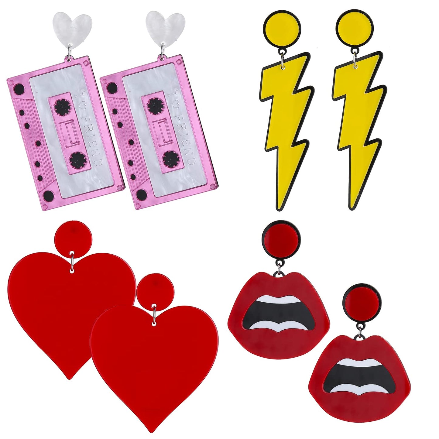 4 Pairs 80s Earrings for Women Retro Neon Acrylic Drop Dangle Lightning Earrings Exaggerated Jewelry 80's Party 2