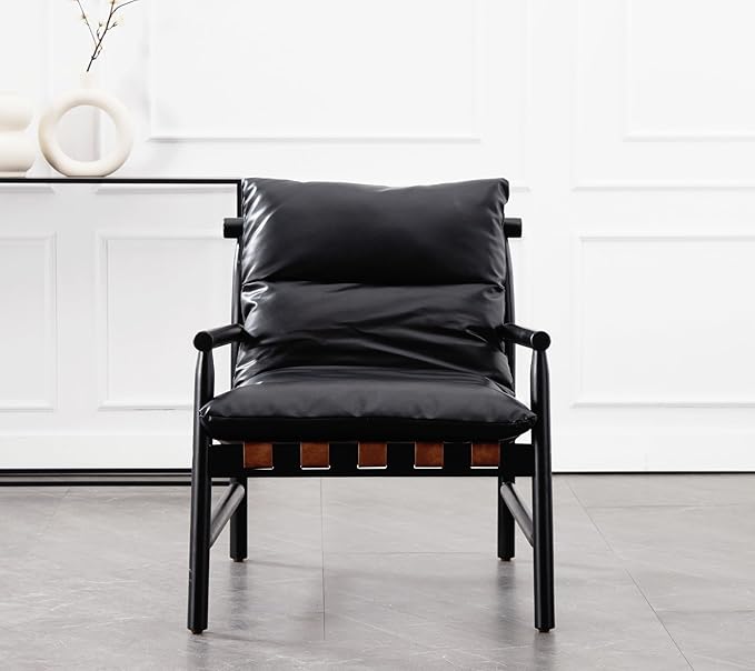 Faux Leather Accent Chair Set of 2 Mid Century Modern Living Room Chairs Comfy Arm Chair with Solid Wood Frame Upholstered Lounge Reading Chair Cozy Recliner for Bedroom/Guest Room, Black