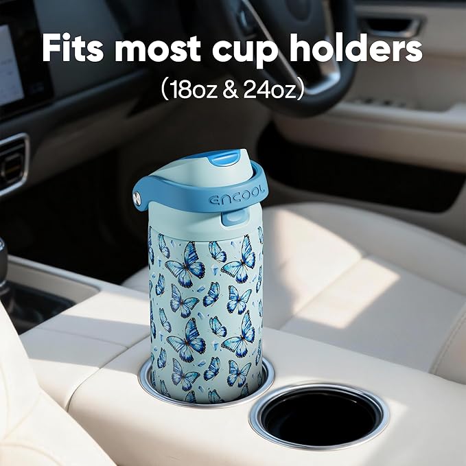ENCOOL Leakproof Insulated Water Bottle with Straw Dual-Sip Water Bottle Bag-Safe Design for Work, Commute & Gym – Keeps Drinks Cold All Day, 24 oz, Glacier Butterfly