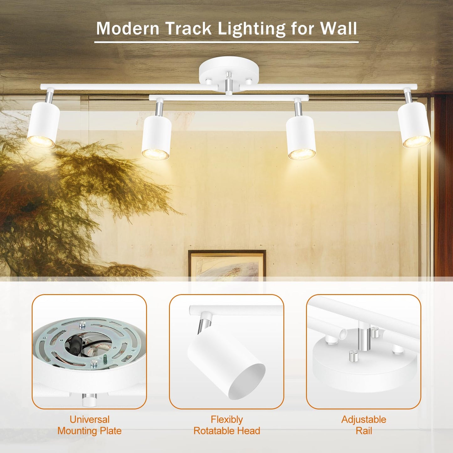4 Light Track Lighting Kit Kitchen, White Track Lighting Fixtures Ceiling, 4 Way Modern Flexible Spot Track Lighting, Industrial LED Lights for Room Hallway Bedroom(GU10 Socket, Bulb Not Included)