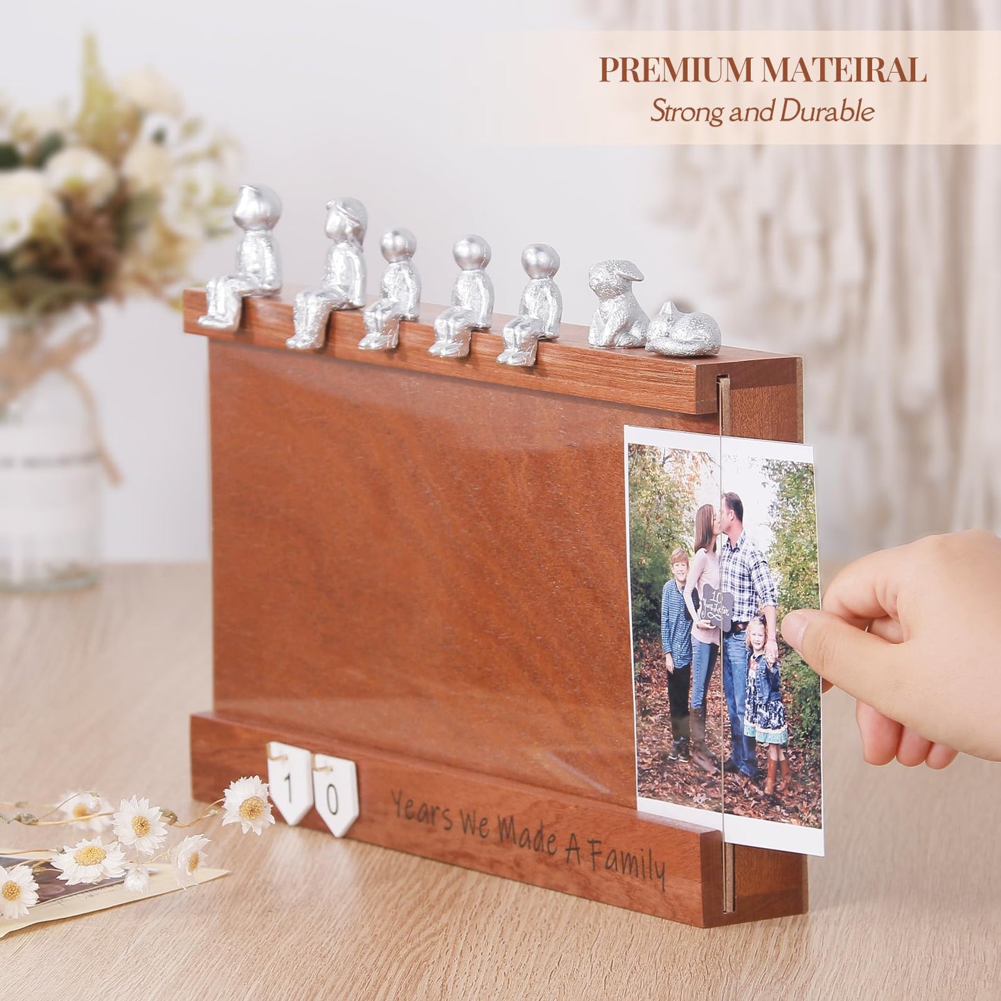 Anniversary Keepsake Box with Family Statue- Wooden Picture Frame for Cherished Keepsakes Storage，Anniversary or Wedding Gifts for Her/He (Walnut)