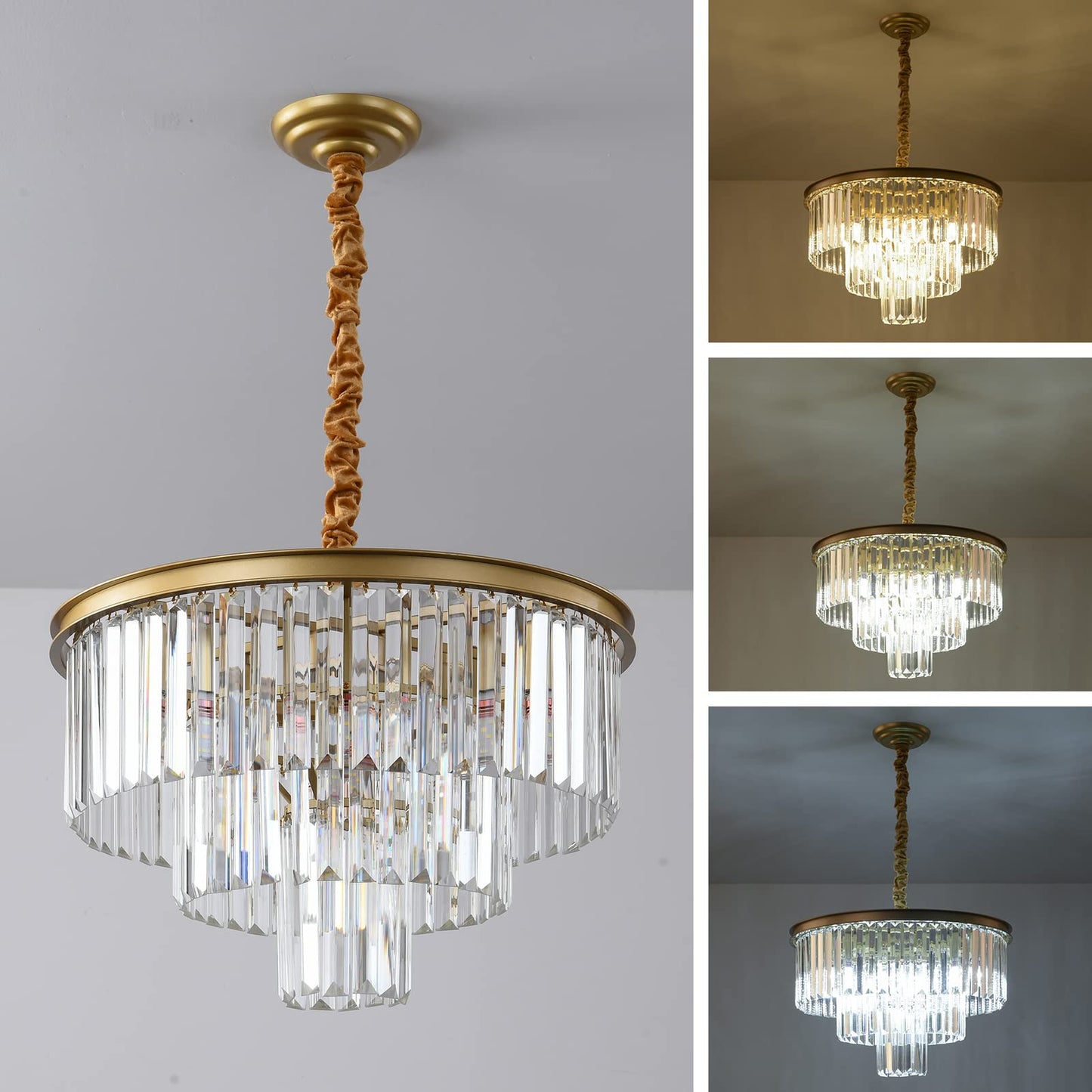 Laiuetai Gold Modern Crystal Chandelier, 3-Tier Round Flush Mount Ceiling Light Fixtures Height Adjustable Pendant Lighting for Dining Room Living Room Bedroom Kitchen Hotel Foyer