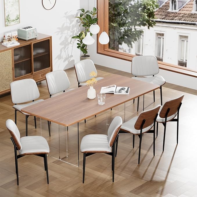 YaFiti Dining Chairs Set of 8, Dining Room and Kitchen Chairs, FSC Certified Mid Century Modern Accent Chair, Upholstered PU Leather Chairs for Vanity with Walnut Bentwood and Metal Legs, White