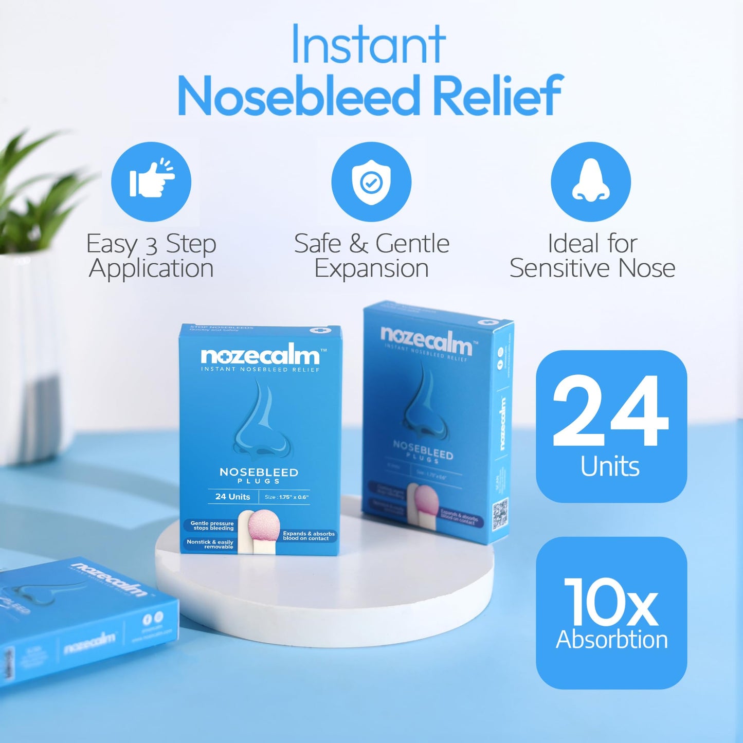 NozeCalm Nose Bleed Stopper - Nasal Plugs for Kids, Adults & Seniors, Instant-Acting Non-Stick Plugs - Disposable Zero-Chemical Bloody Nose Solution for Emergency Supplies & Travel - 24 Counts