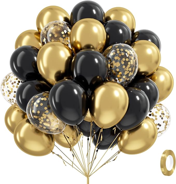 Black and Gold Balloons, 60pcs 12inch Black Metallic Gold Confetti Balloons for Graduation 2025 Anniversary Birthday Party...