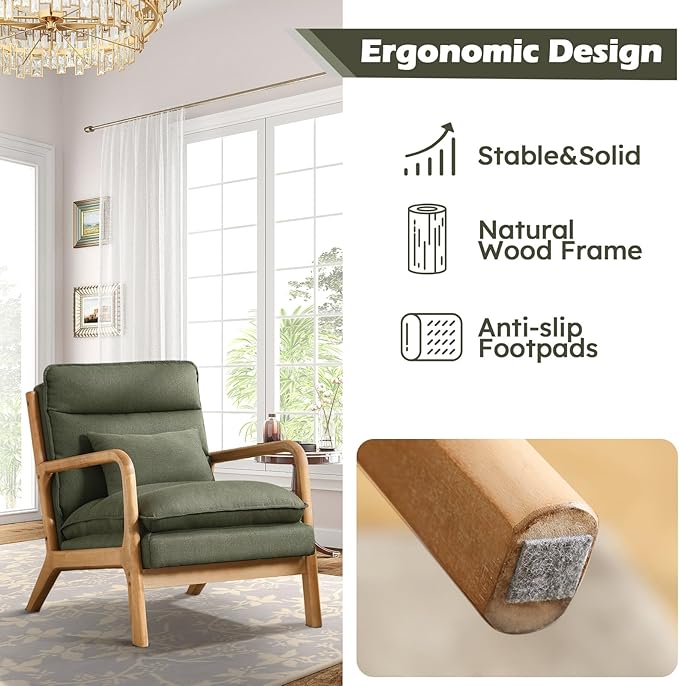 IOMOR Mid Century Modern Accent Chair Set of 2, Upholstered Lounge Armchair with Plump Back Pillow, Comfy Reading Chair with Solid Wood Frame for Bedroom Living Room, Green
