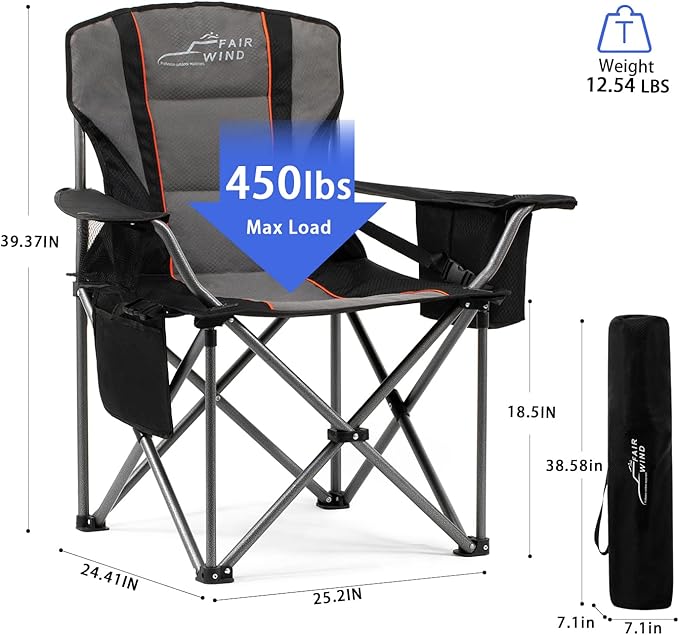 FAIR WIND Oversized Fully Padded Camping Chair for Heavy People with Lumbar Support, Heavy Duty Quad Fold Chair with Cooler Bag, Support 450 LBS, Black