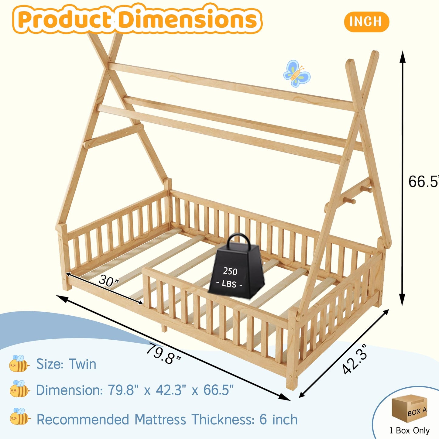 Mirightone Teepee Floor Bed for Kids, Twin Size Tent Beds with Hanging Rack, Detachable Montessori Floor Bed with Slats and Fence Rails, Wood House Bedframe for Boys Girls, Natural