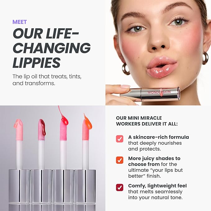 Wonderskin Lip Oil Rehab Serum - Tinted Lip Oil, Hydrating, Moisturizing, and Non-Sticky Deep Red Tint Serum for Dry Lips (Honey)