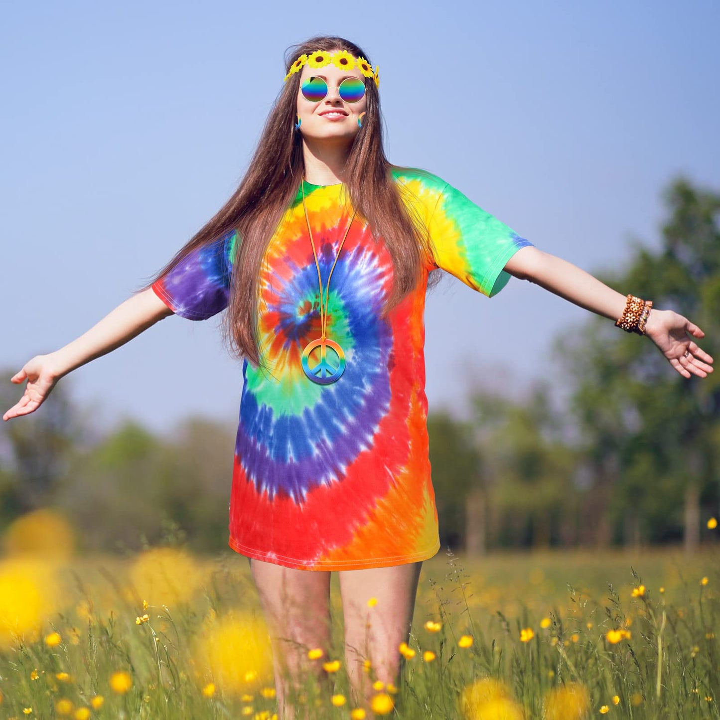 Vabean Halloween Carnival Party Hippie Costume Set Tie Dye Shirt Rainbow Peace Sign Necklace Earring Headband for Halloween
