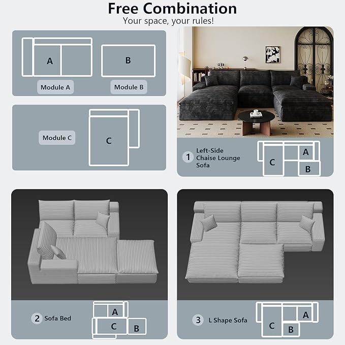 107" Cloud Sectional Couch U-Shaped Chaise with Ottoman, Corduroy Boneless Couch for Living Room Bedroom, Deep-Seat Upholstered Modular Cloud Sofa, No Assembly Required (Black, Left Facing Chaise)