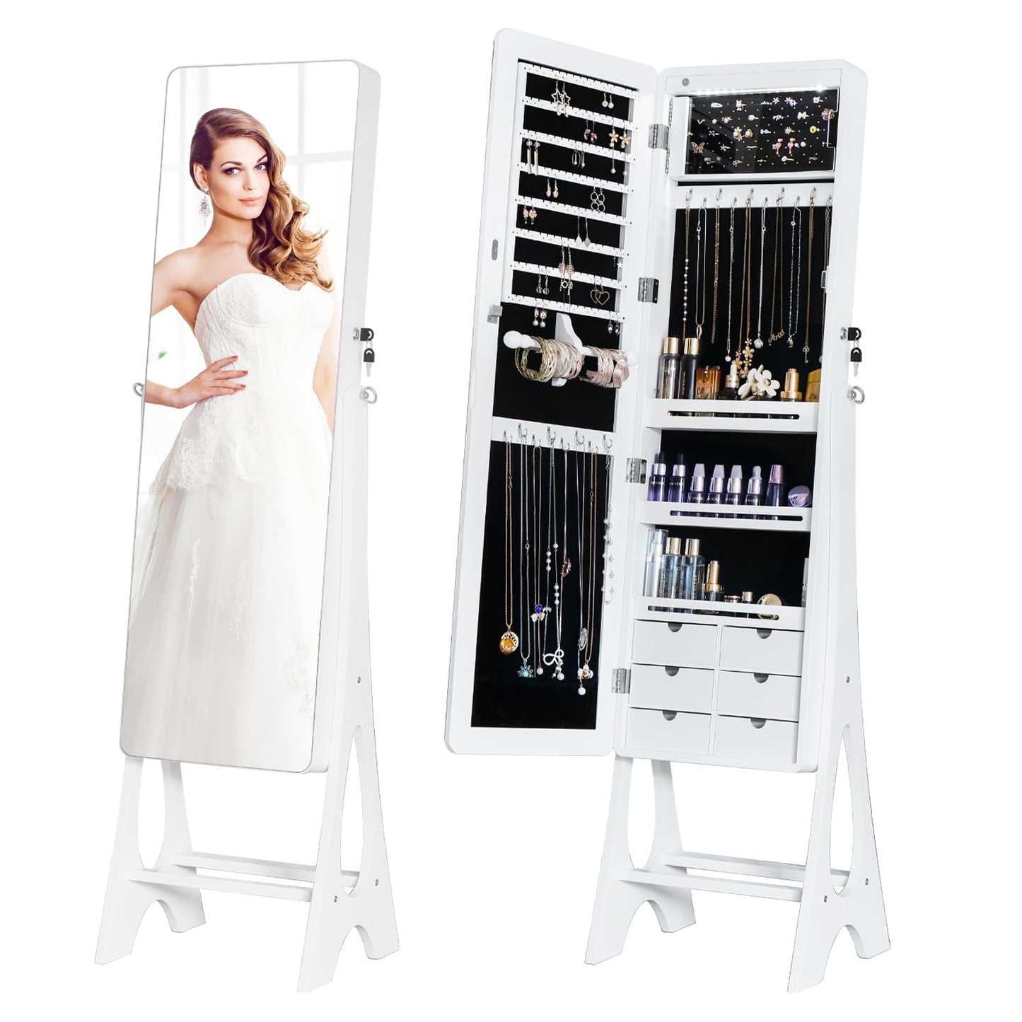 MASMIRE Mirror Jewelry Cabinet Standing, Full Length Mirror Jewelry Armoire Jewelry Organizer Lockable Jewelry Storage for Women Girl Full-Length Frameless LED Lights 6 Drawers Lockable White