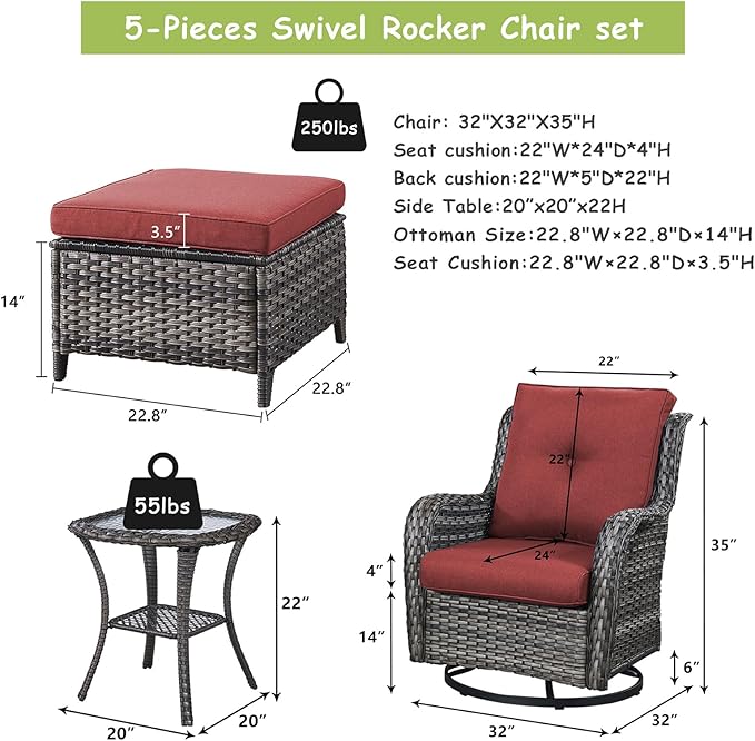 Rilyson Wicker Patio Furniture Set - 5 Piece Rattan Outdoor Sectional Conversation Sets with 2 Swivel Rocking Chairs,2 Ottomans and 1 Side Table for Porch Deck Garden(Mixed Grey/Red)