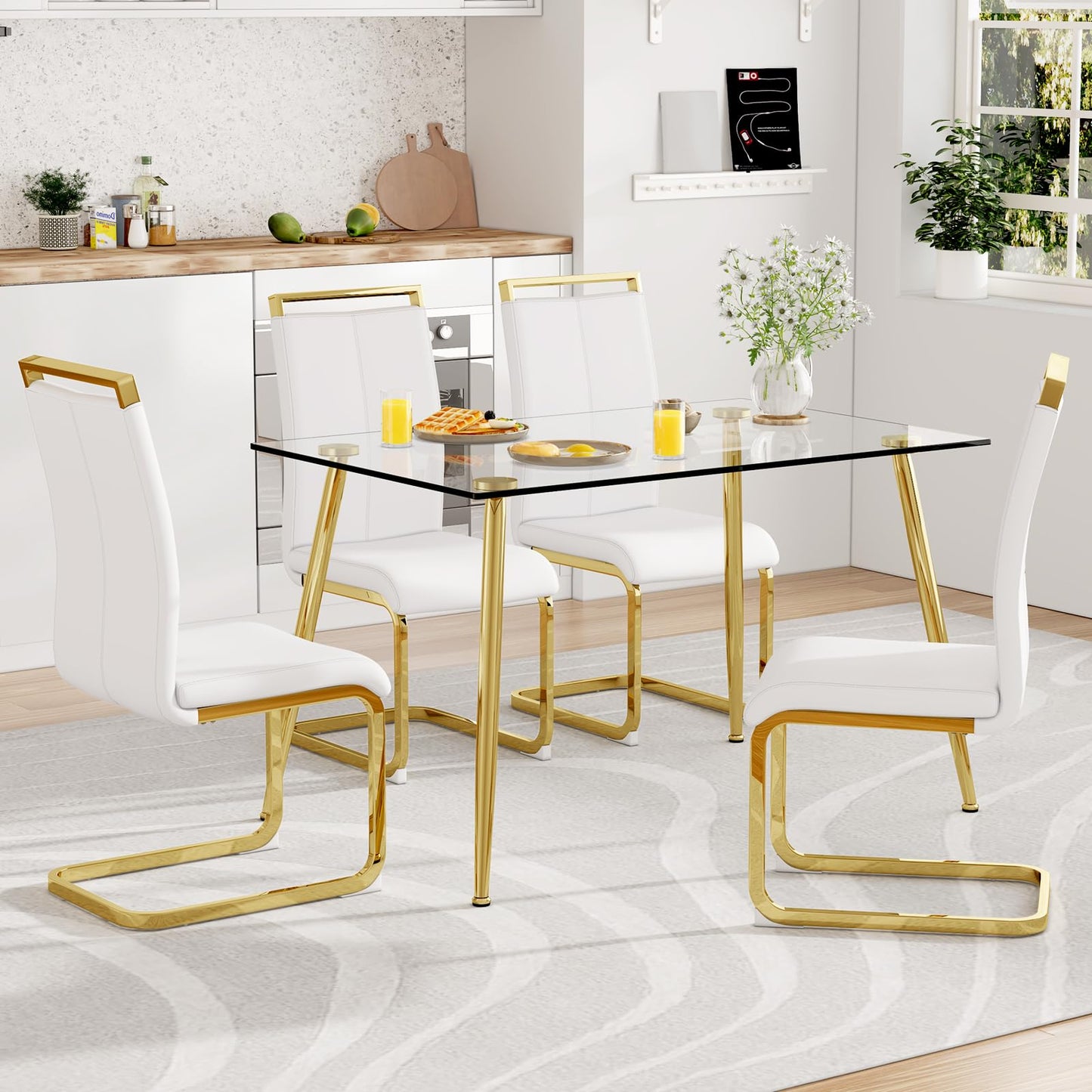 Ebullient Glass Dining Table Set for 4,5 Piece Dining Table and Chairs Set，Modern Kitchen Dining Room Table with 4 White PU Leather Dining Chairs,0.31” Tempered Glass Table Top with Gold Metal Legs